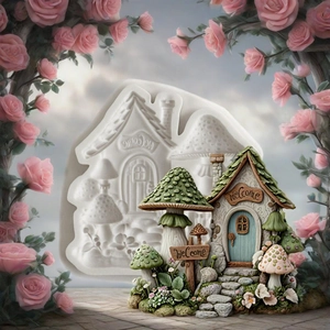 Mushroom house silicone mold for DIY fairy garden cake and clay plaster crafting