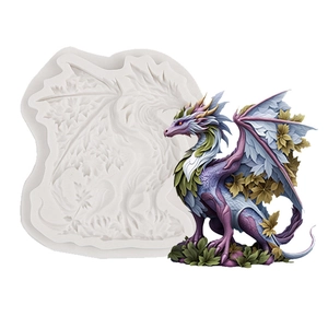 Detailed maple dragon silicone mold and finished fantasy dragon resin craft on white base