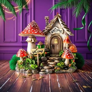 Fairy garden mushroom house with welcome sign and red spotted roof for outdoor decor
