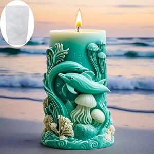 Ocean theme silicone mold and embossed whale candle with seashell and coral reef reliefs