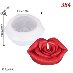 Detail view showing a 3D rose candle silicone mold with specific size and weight dimensions