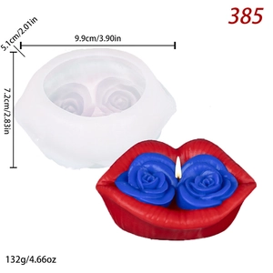 Macro detail of lip and rose silicone mold with product dimensions and sample wax candle