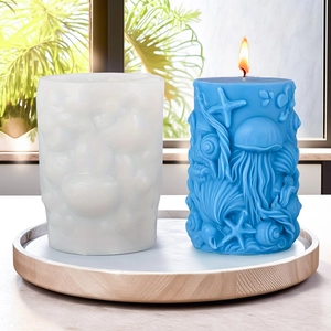 3D ocean themed silicone candle mold featuring embossed jellyfish and starfish designs