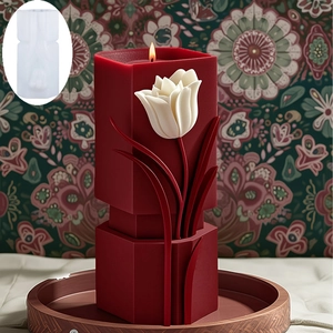 Tulip floral geometric silicone mold and finished deep red candle for DIY crafts