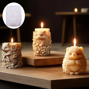 Cute hedgehog silicone mold and decorative animal scented candles on wooden table