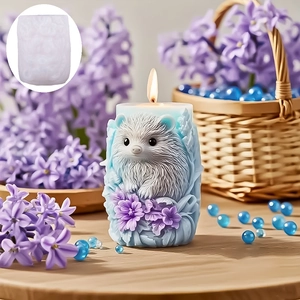 3D hedgehog silicone mold with light blue hedgehog candle relief and purple floral accents