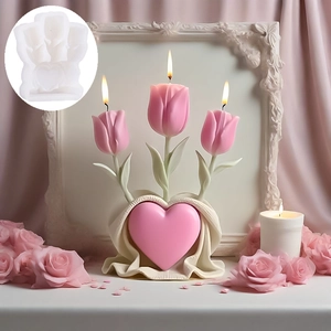 Moule en silicone tulipe cœur pour bougies avec cire florale rose et décoration