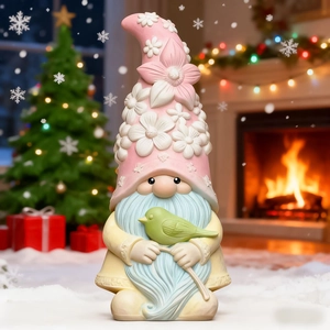 Detailed view of gnome mold craft featuring pink floral hat and soft blue wave beard
