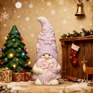 Detail showing a light purple garden gnome statue with embossed floral hat and beard