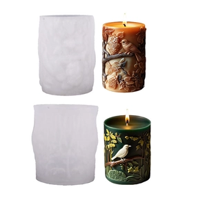 Silicone molds for bird pillar candles showing detailed floral relief and white molds