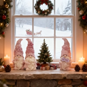 Close-up of three pink garden gnome figurines with intricate floral hat details