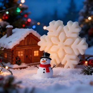 Snowflake silicone mold with a mini snowman and festive Christmas cabin scenery