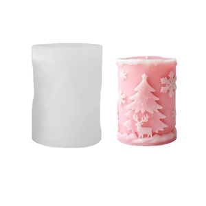 Cylindrical Christmas silicone mold for DIY candles featuring tree and reindeer reliefs