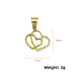 Minimalist double heart pendant in gold stainless steel with cubic zirconia, 21x18mm