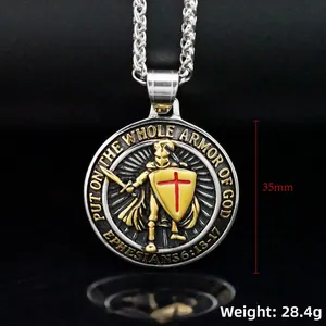 Detail of knight pendant with Ephesians 6:13-17 scripture and red cross armor