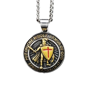 Retro stainless steel shield necklace with medieval knight and Armor of God scripture