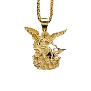 Collar con colgante de San Miguel Arcángel en oro y acero inoxidable con relieve