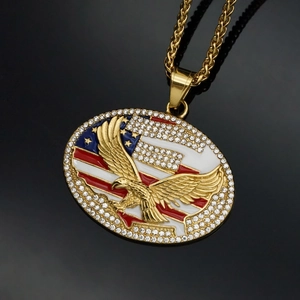 Hip Hop Stainless Steel American Flag Eagle Pendant For Men Women Rhinestone Enamel Pendant Only Jewelry