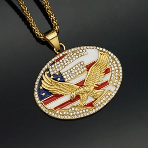 Hip hop pendant necklace with golden eagle, US flag enamel, and sparkling rhinestones