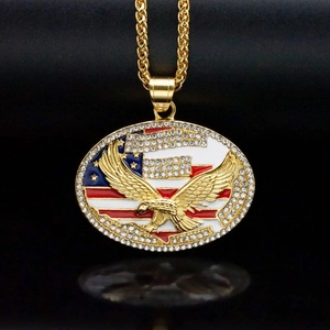 Hip-hop style American flag eagle pendant necklace with sparkling crystals and gold wheat chain