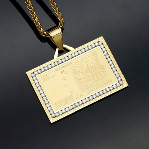 Collana hip hop in acciaio inossidabile dorato con pendente 500 Euro e zirconi bianchi