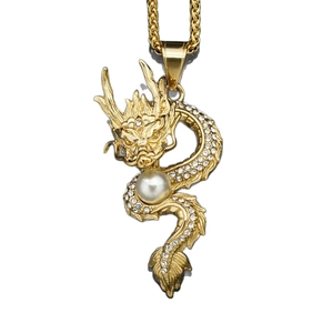 18K gold plated dragon necklace with diamonds and pearl on a polished wheat chain
