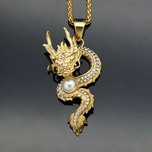 18K gold plated dragon pendant necklace with white pearl and sparkling crystals