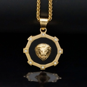 Hip hop style gold-plated stainless steel lion head pendant with frosted gears and zircon