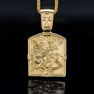Gold stainless steel Saint George slaying dragon relief pendant with wheat chain