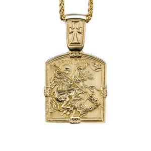 Golden Saint George slaying the dragon rectangular pendant on a wheat chain necklace