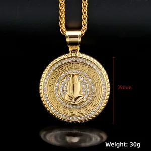 Collier hip hop doré avec pendentif mains en prière et strass, 39 mm, 30 g