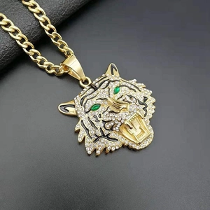 Collier Pendentif Décapsuleur Tête de Tigre en Acier Inoxydable Hip Hop Avec Strass Or Argent Bijoux pour Hommes