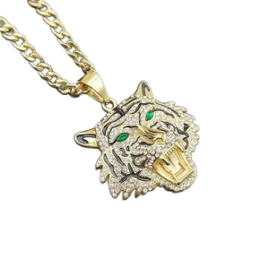 Pendentif tête de tigre hip hop en acier doré avec cristaux étincelants