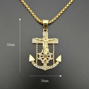 Gold plated hip hop anchor cross pendant necklace with white rhinestones, 58mm by 36mm