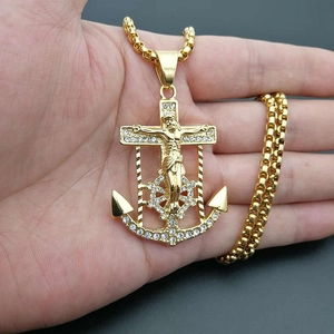 Gold-plated anchor cross pendant necklace with sparkling crystals and a round box chain