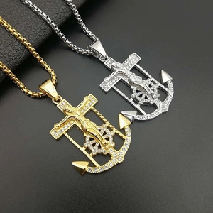 Hip Hop Stainless Steel Jesus Cross Anchor Pendant Gold Silver Plated Rhinestone Inlaid Religious Nautical Pendant For Men Jewelry