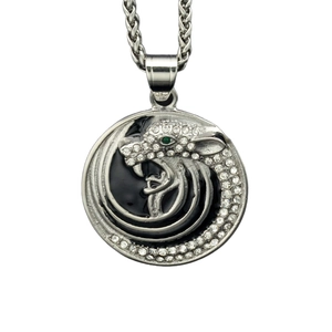 Pendentif rond léopard en acier inoxydable hip-hop avec pierre verte et chaîne épi