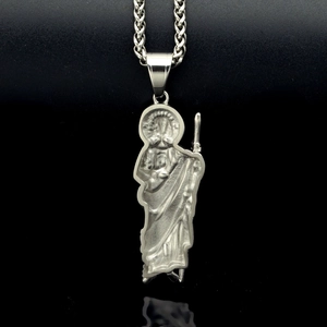 Polished silver stainless steel Saint Jude religious pendant necklace with wheat chain links