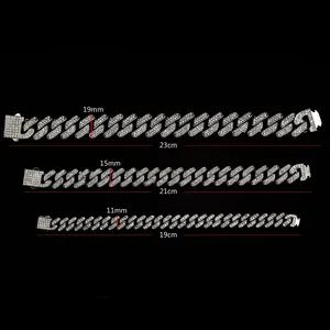 Confronto taglie per catene Cuban Link hip hop con zirconi in larghezze 11mm, 15mm e 19mm