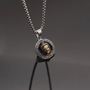 Colgante vintage de acero inoxidable con relieve de Buda dorado y cadena de bolas