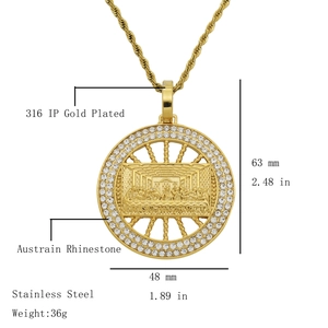 316L gold plated stainless steel Last Supper medallion necklace with rhinestones