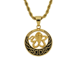Polished gold cobra pendant with Celtic knot patterns on a sturdy rope chain for men