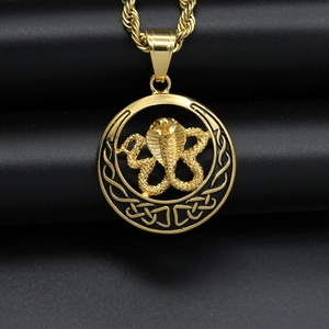 Hip Hop Cobra Pendant For Men Stainless Steel Celtic Knot Round Snake Charm Vintage Punk Style Gold Plated Jewelry Piece