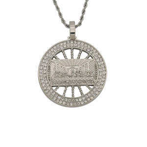 Silver Last Supper relief pendant necklace with sparkling rhinestones and rope chain