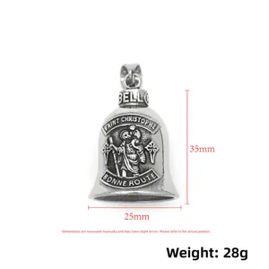 Macro detail of retro Saint Christopher motorcycle bell pendant with size measurements