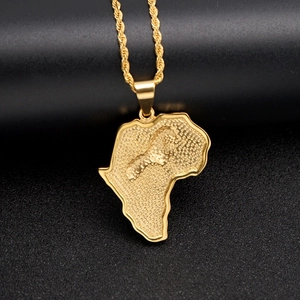 Hip hop gold African map pendant with embossed lion and rope chain necklace for men