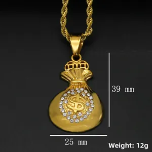 Hip hop gold plated money bag pendant with dollar sign and diamonds on rope chain