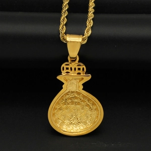 Hip hop gold plated dollar money bag pendant with twisted rope chain on black background