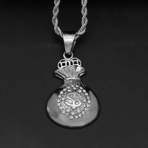 Hip hop silver dollar sign money bag pendant with diamond accents on a rope chain necklace