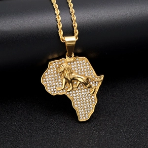 Hip hop gold plated African map pendant necklace with lion pattern and crystals